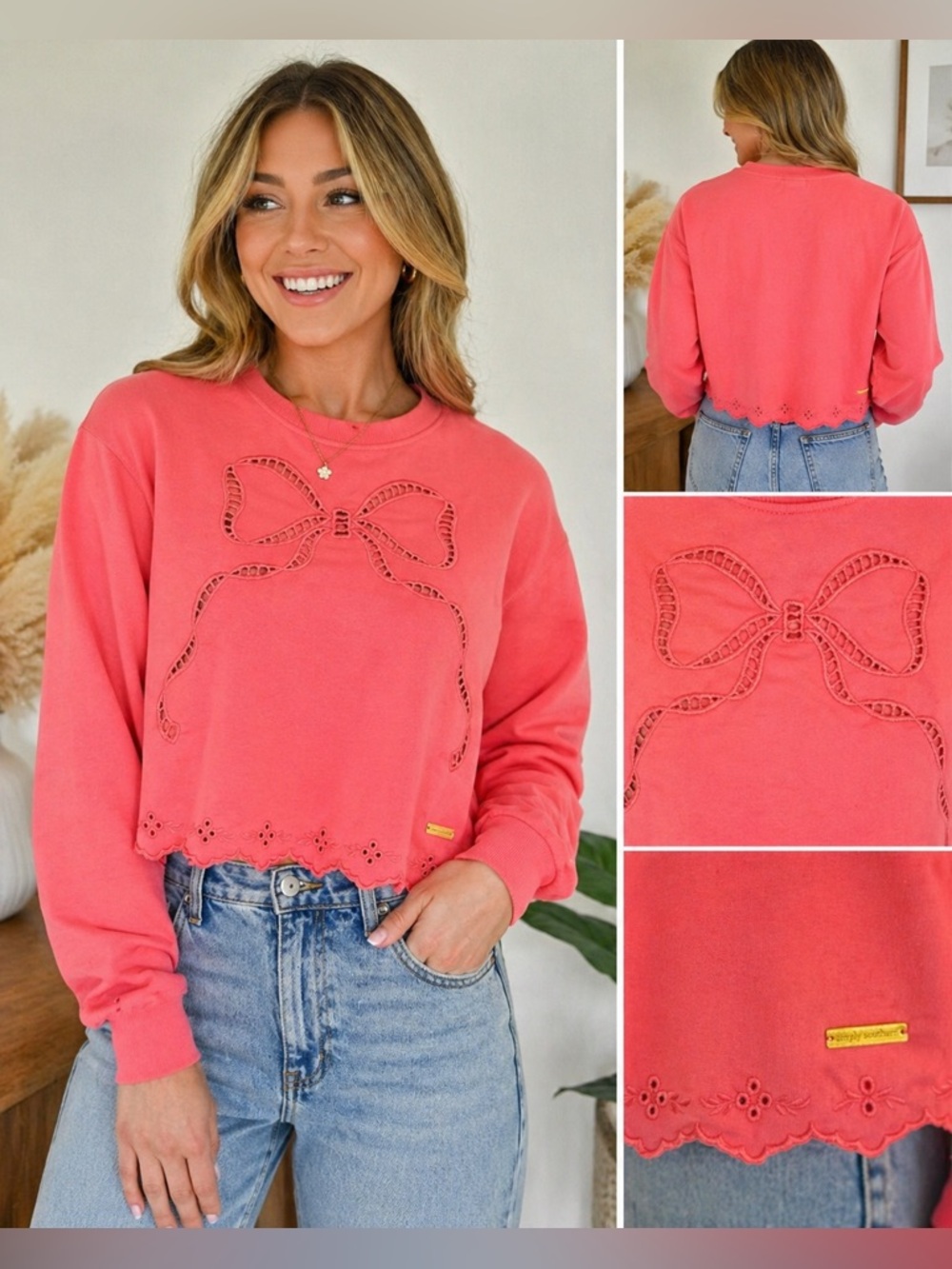 Simply Southern Coral Bow Embroidered Cropped Sweatshirt XS NWT Eyelet Hem